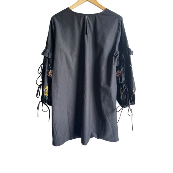 Zara Black Floral Embroidered Boho Mini Dress Large Balloon Ruffle Tie Sleeves - Picture 4 of 8